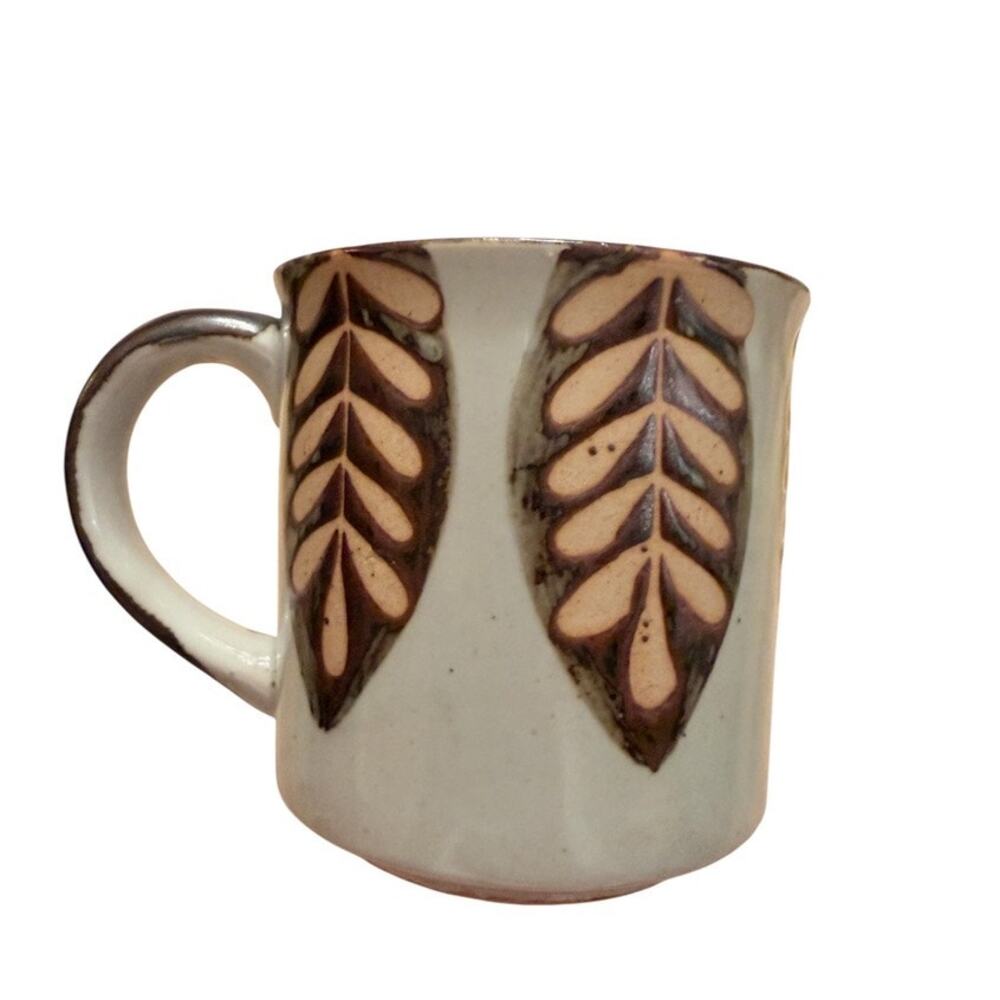 Bespoke Ceramic Pottery Mug Leaves Tan Brown Metallic Stoneware Cottage Gift Fun